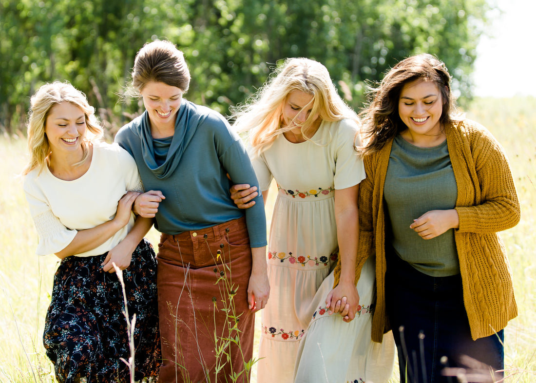 fall women's clothing including floral midi skirts, corduroy skirts, tiered embroidered dress and chanel cardigans