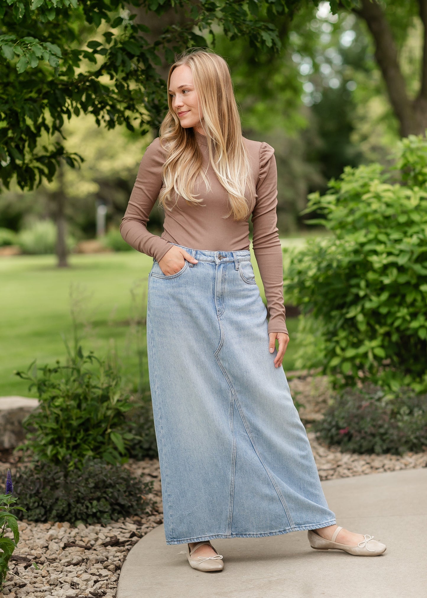 Annalise Light Wash Long Denim Skirt FF Skirts