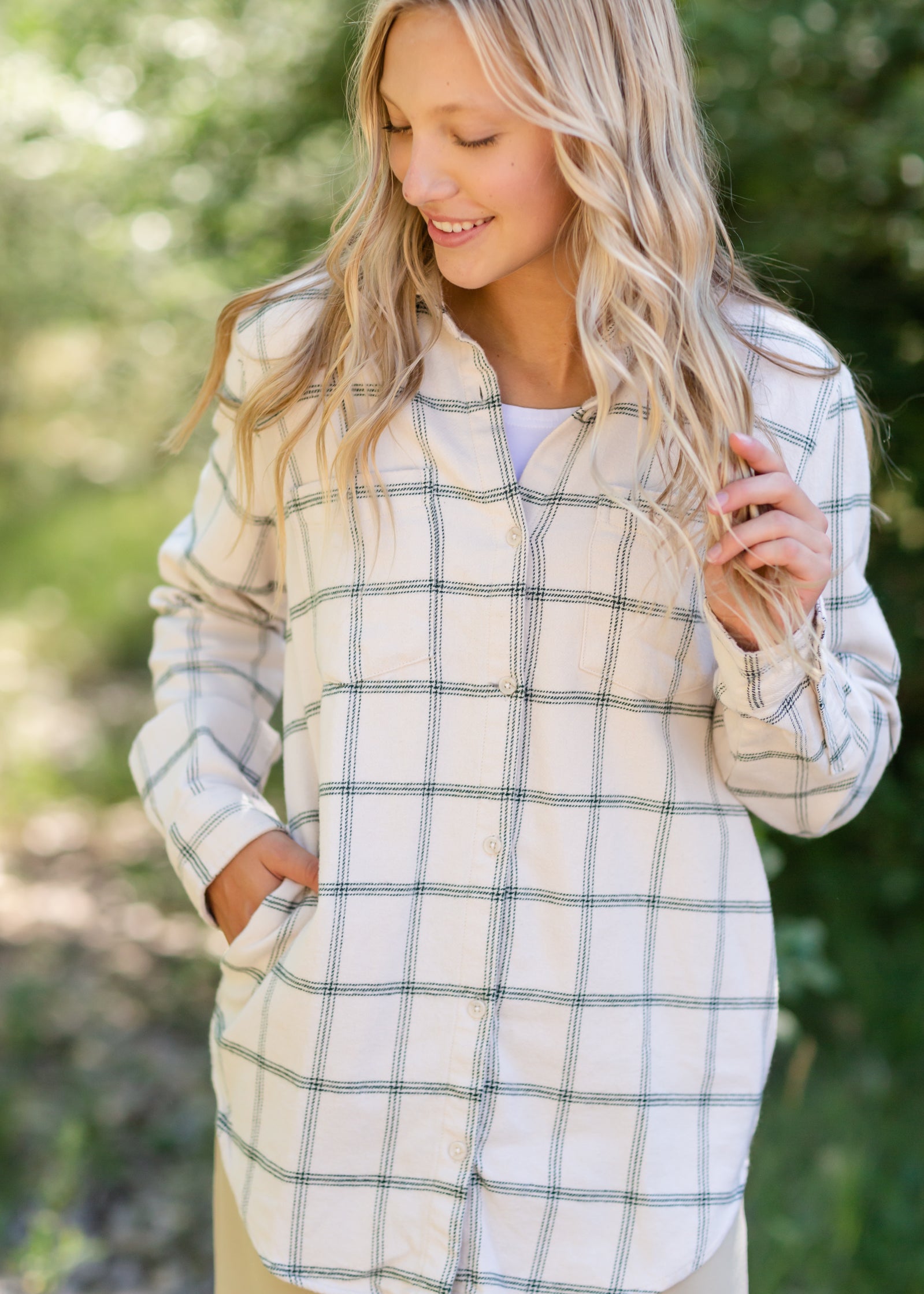 Audre Ivory + Green Plaid Shacket - FINAL SALE FF Tops