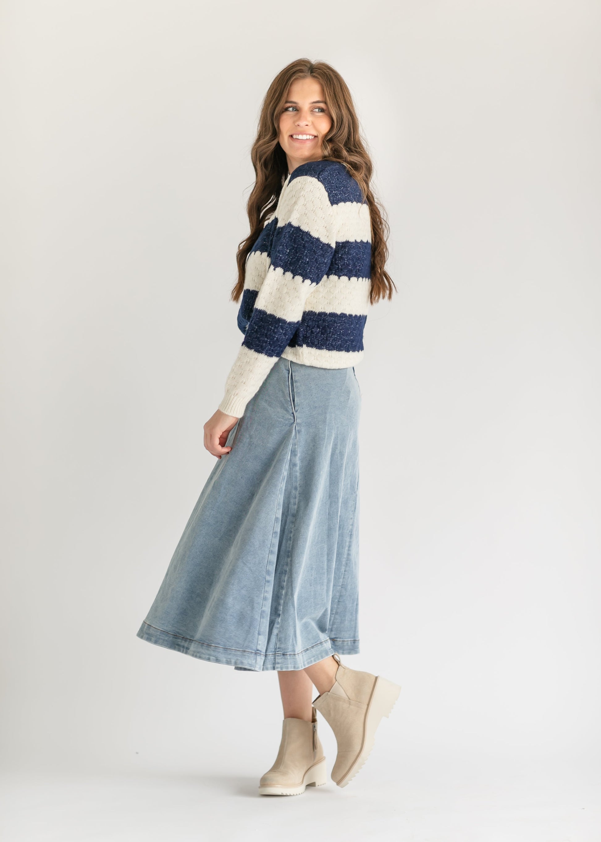 Back Zip A-line Denim Midi Skirt FF Skirts