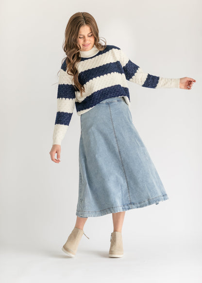 Back Zip A-line Denim Midi Skirt FF Skirts