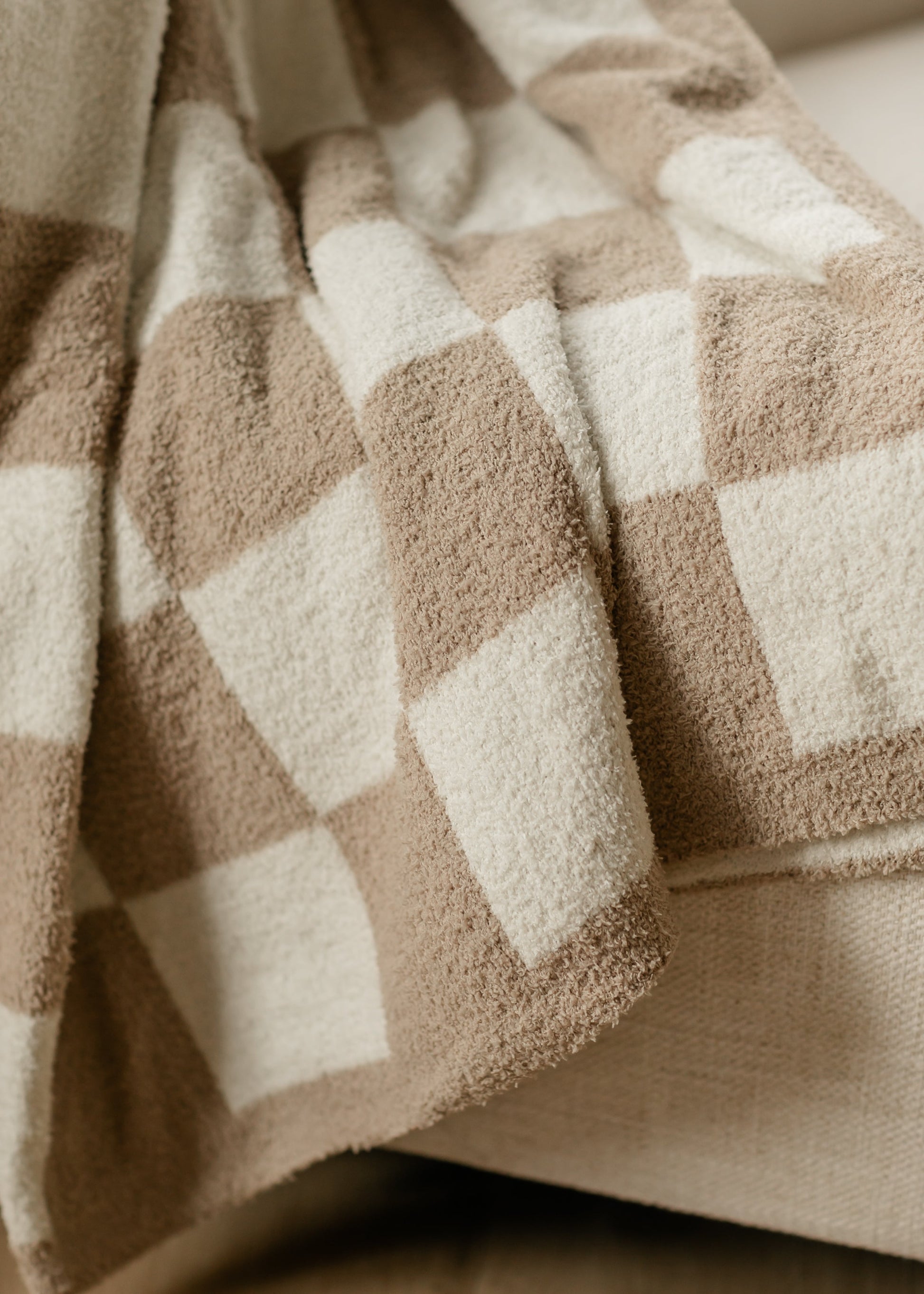 Beige Checkered Fuzzy Throw Blanket FF Home + Lifestyle