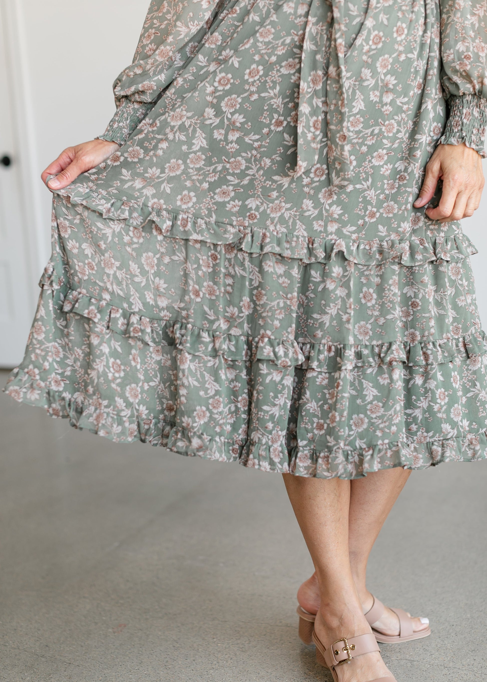 Belted Floral Long Sleeve Midi Dress FF Dresses