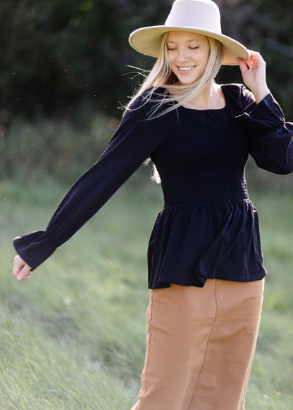 Black Long Sleeve Smocked Top - FINAL SALE FF Tops