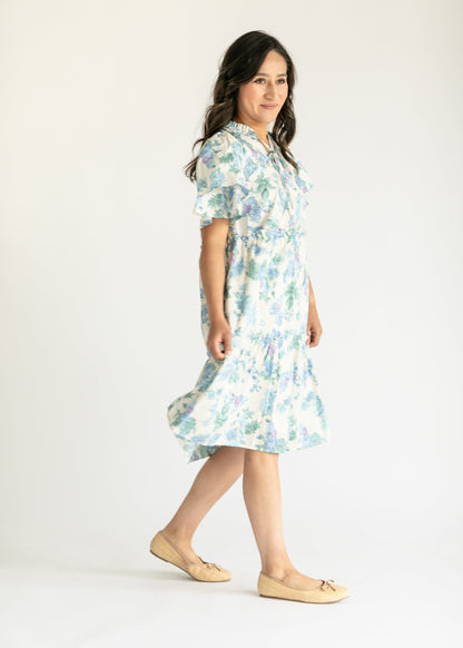 Blue Floral Ruffle Midi Dress FF Dresses