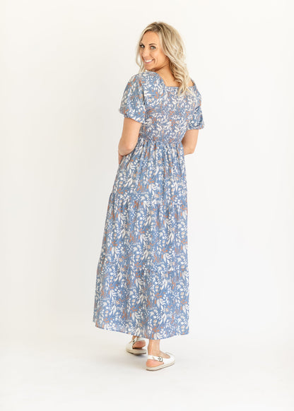 Blue Floral Smocked Maxi Dress FF Dresses