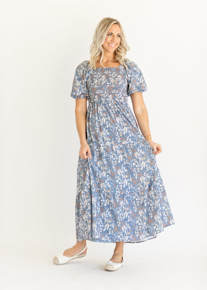 Blue Floral Smocked Maxi Dress FF Dresses