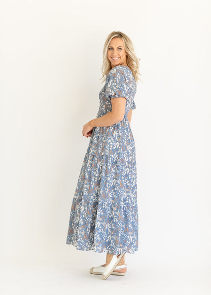 Blue Floral Smocked Maxi Dress FF Dresses