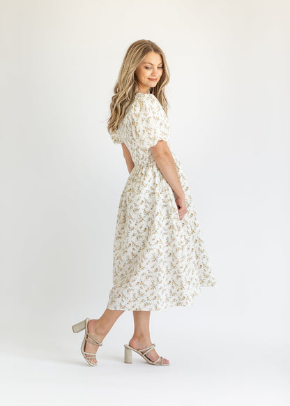 Brienna Ruched Bodice Puff Sleeve Midi Dress IC Dresses