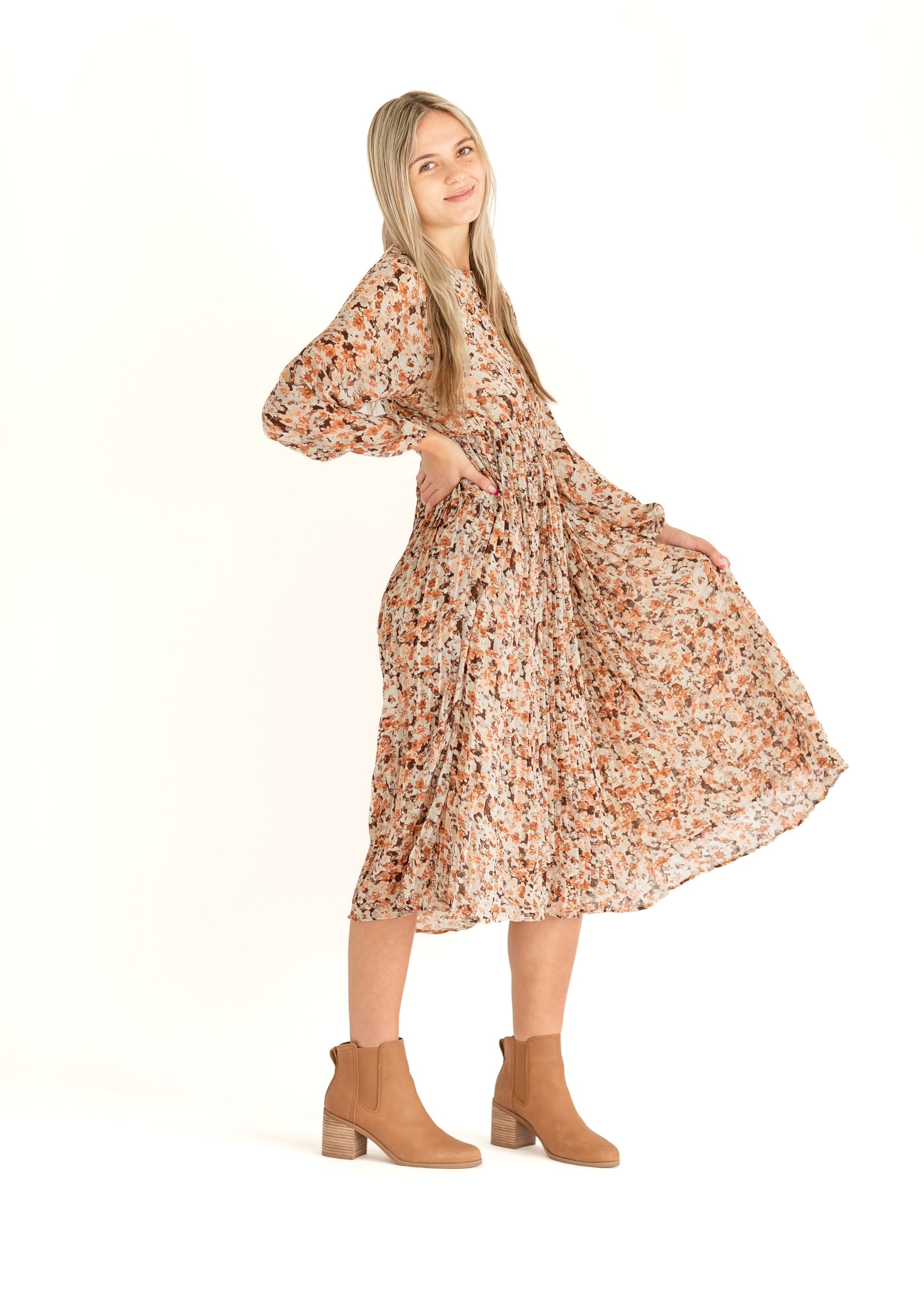 Brown Floral Pleated Midi Dress FF Dresses