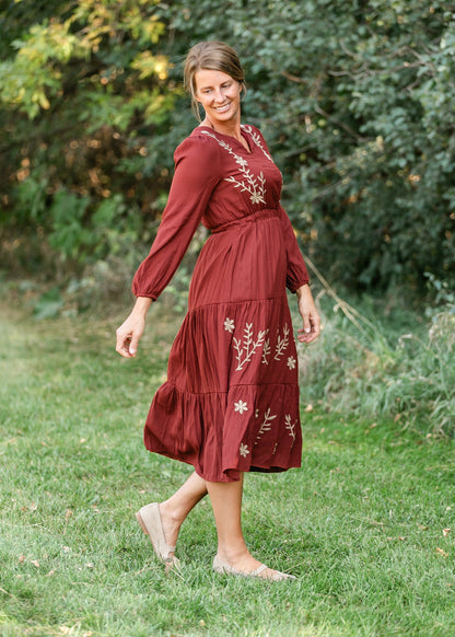 Burgundy Embroidered Long Sleeve Maxi Dress FF Dresses