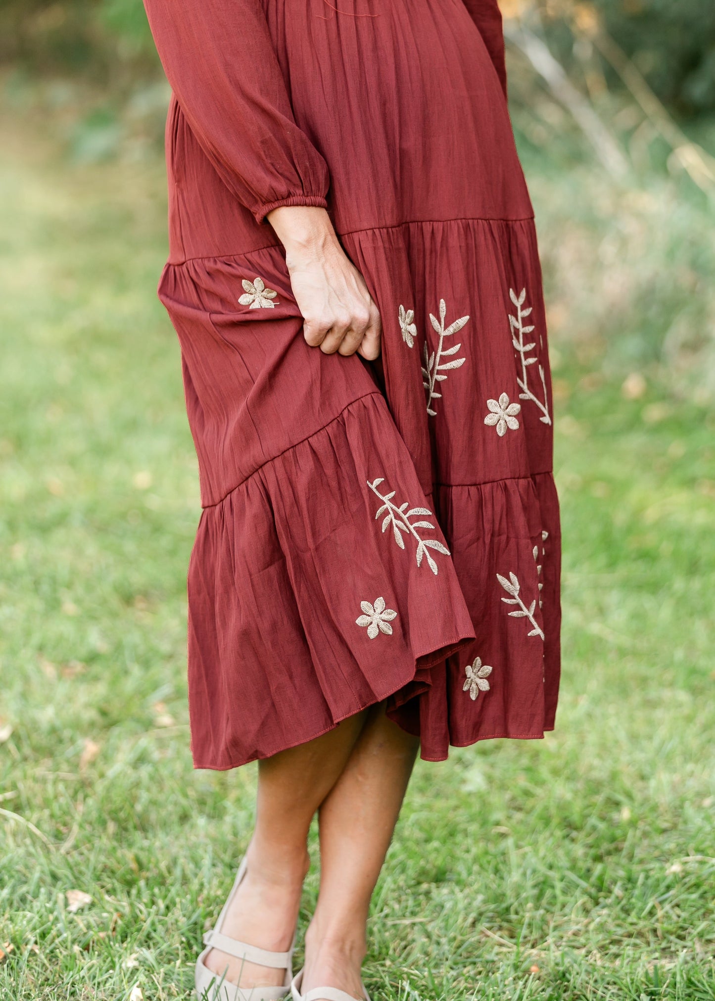 Burgundy Embroidered Long Sleeve Maxi Dress FF Dresses