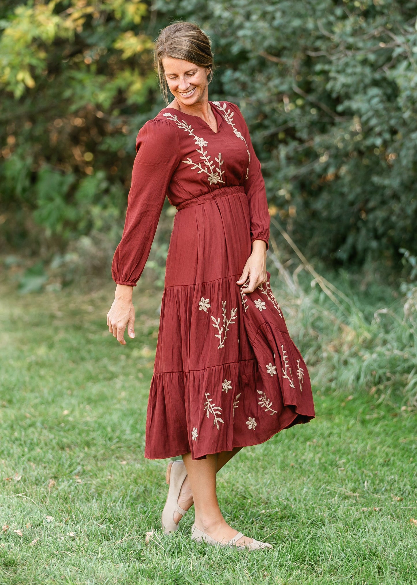 Burgundy Embroidered Long Sleeve Maxi Dress FF Dresses