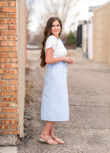 Button Front Blue Striped Midi Skirt Skirts