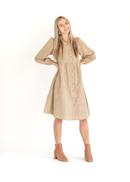 Button Up Embroidered Taupe Shirt Dress FF Dresses