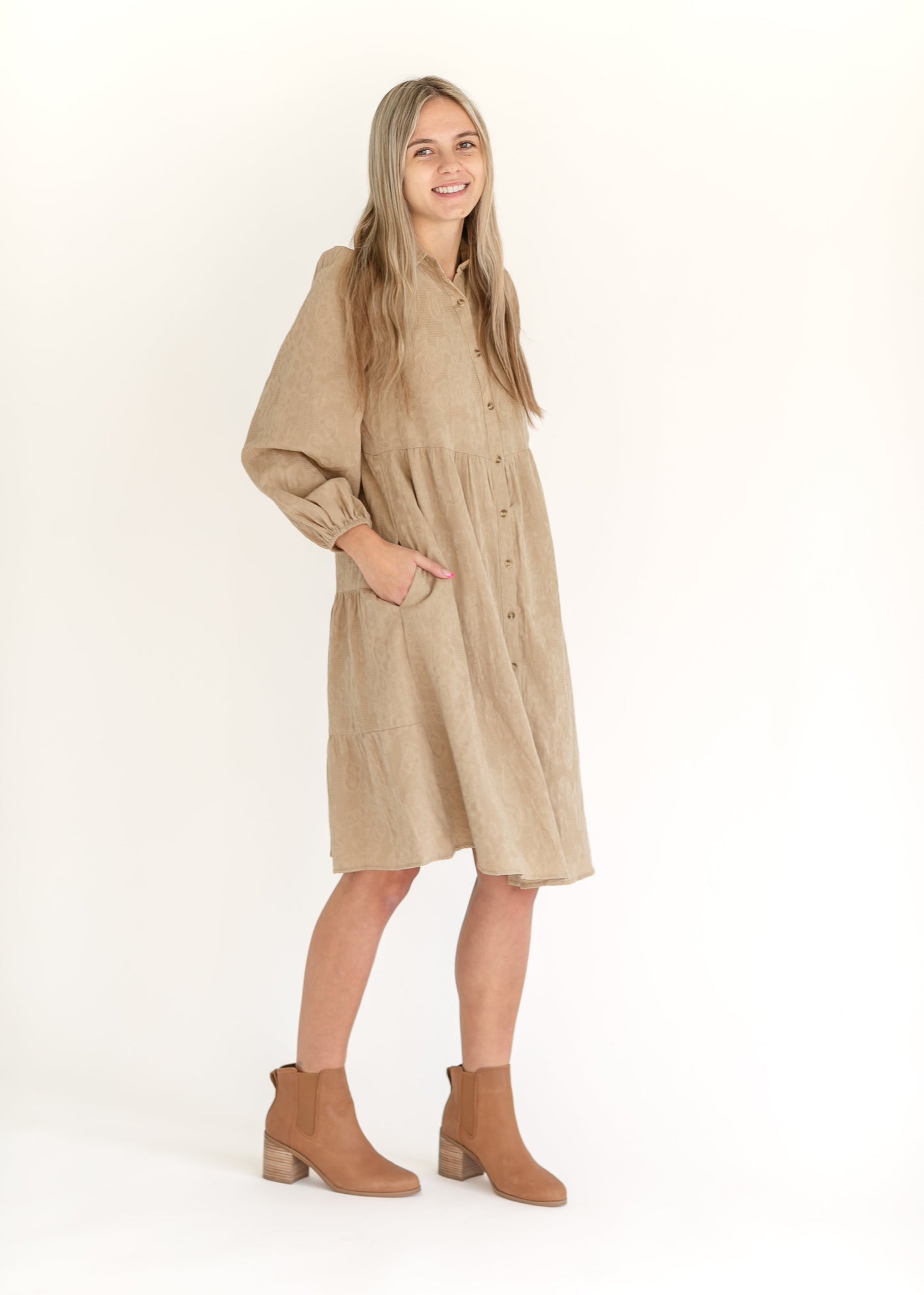 Button Up Embroidered Taupe Shirt Dress FF Dresses