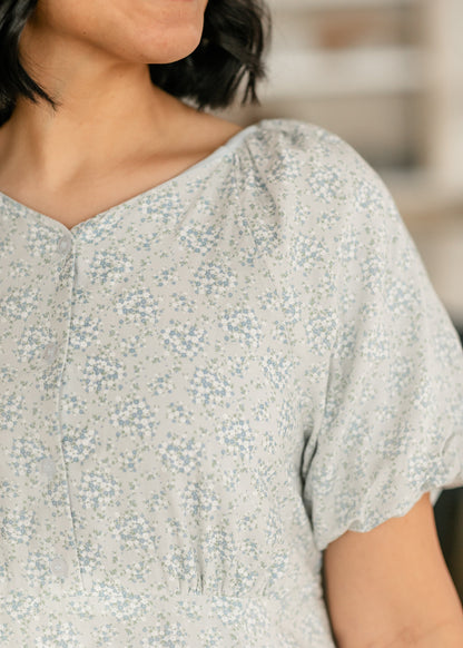 Button Up Puff Sleeve Blue Floral Dress FF Dresses