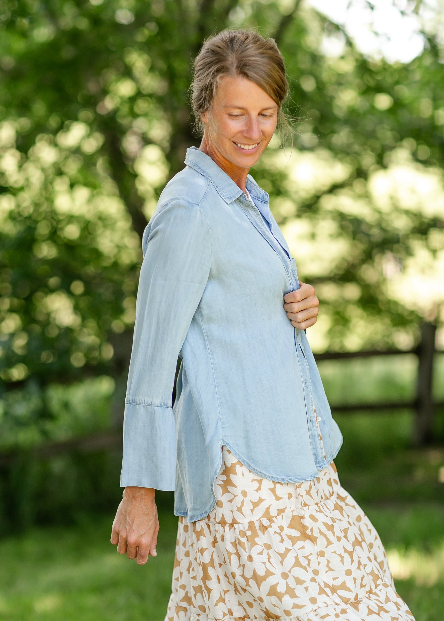 Button Up Washed Blue Curved Hem Top FF Tops