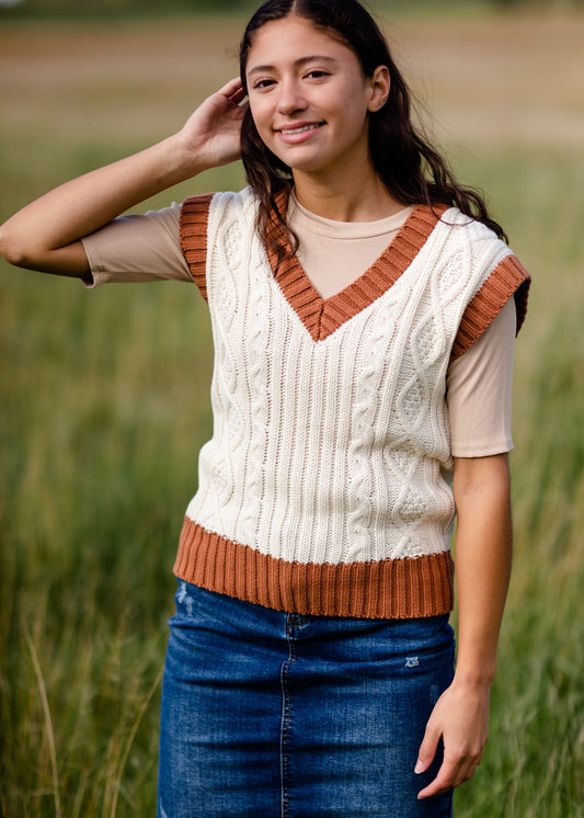 Camel Trimmed V Neck Sweater Vest - FINAL SALE FF Tops