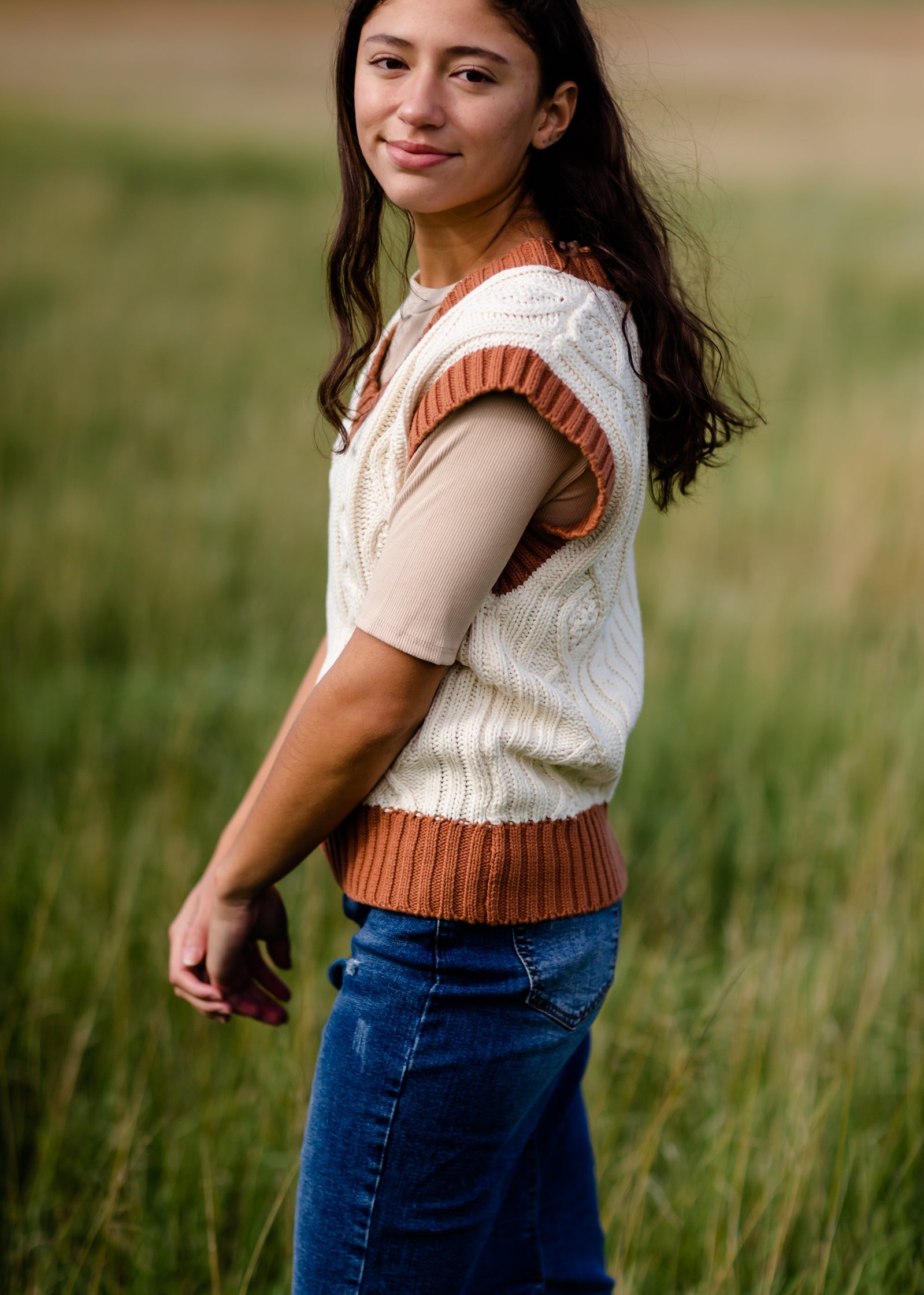 Camel Trimmed V Neck Sweater Vest - FINAL SALE FF Tops