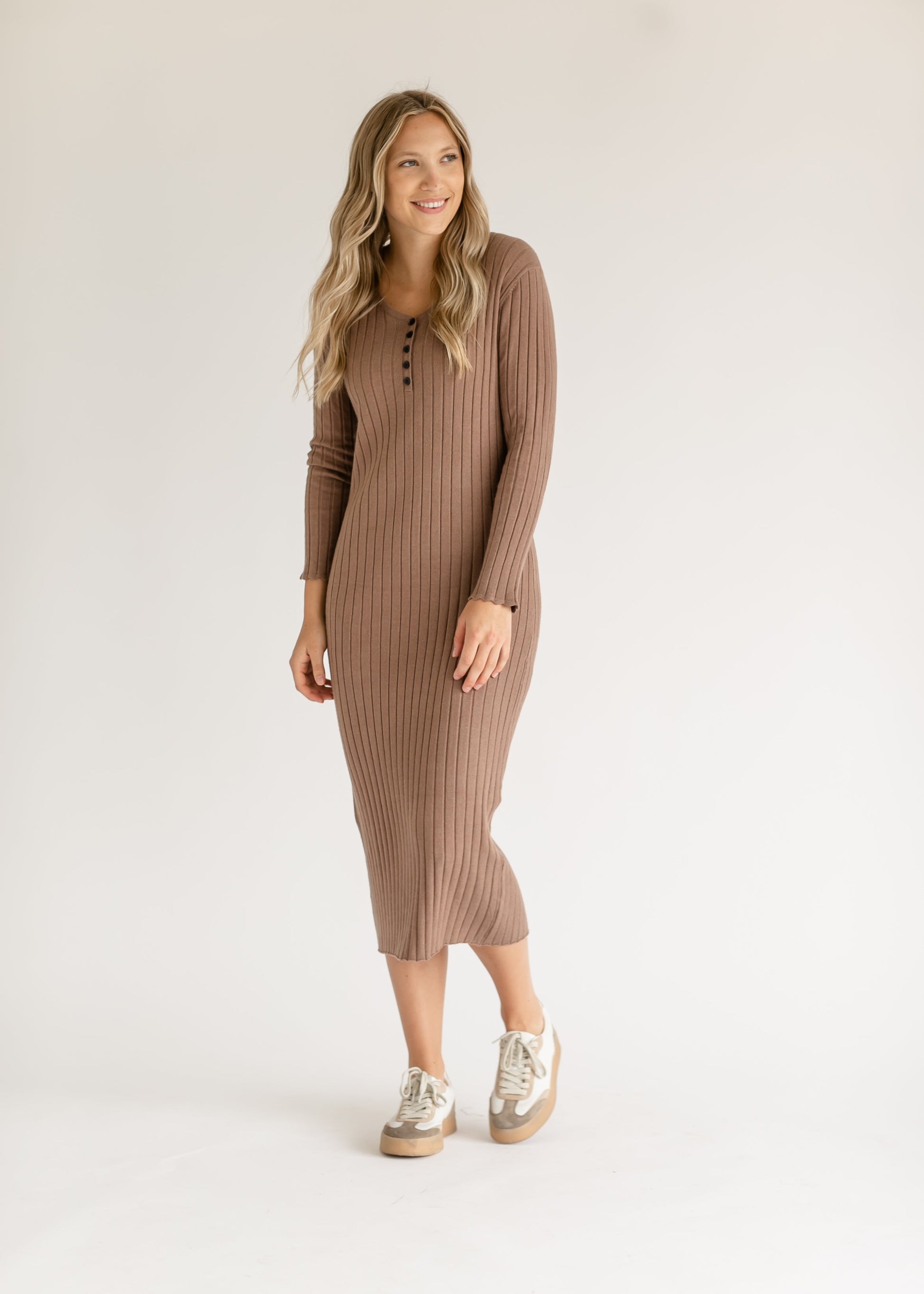 Cassie Quarter Button Knit Midi Dress IC Dresses Brown / XS