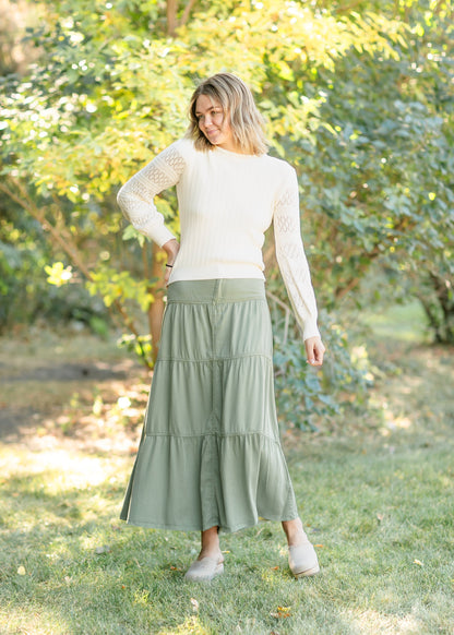 Chambray Tiered Colored Denim Skirt FF Skirts Sage / S