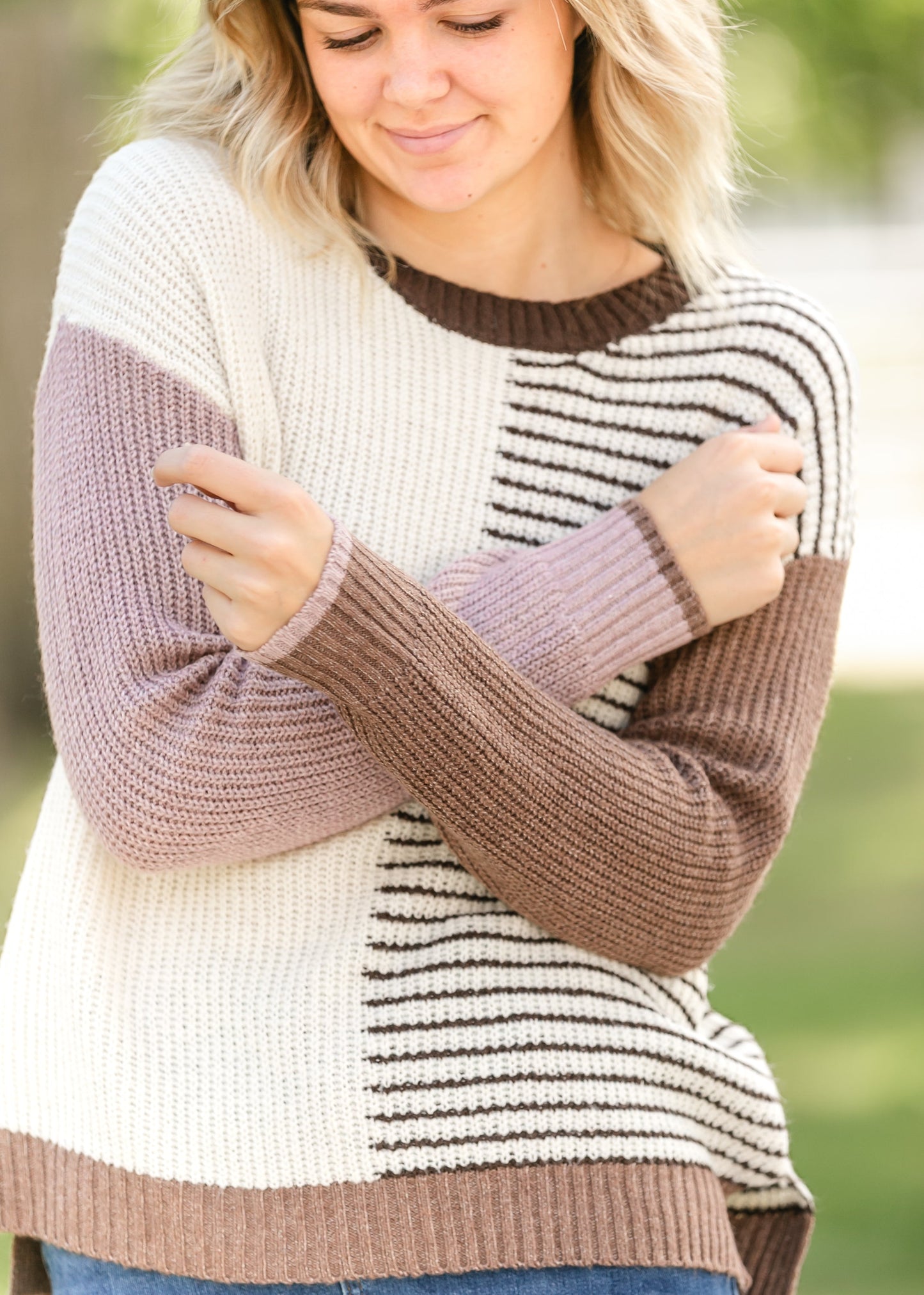 Color Block Striped Crewneck Sweater FF Tops