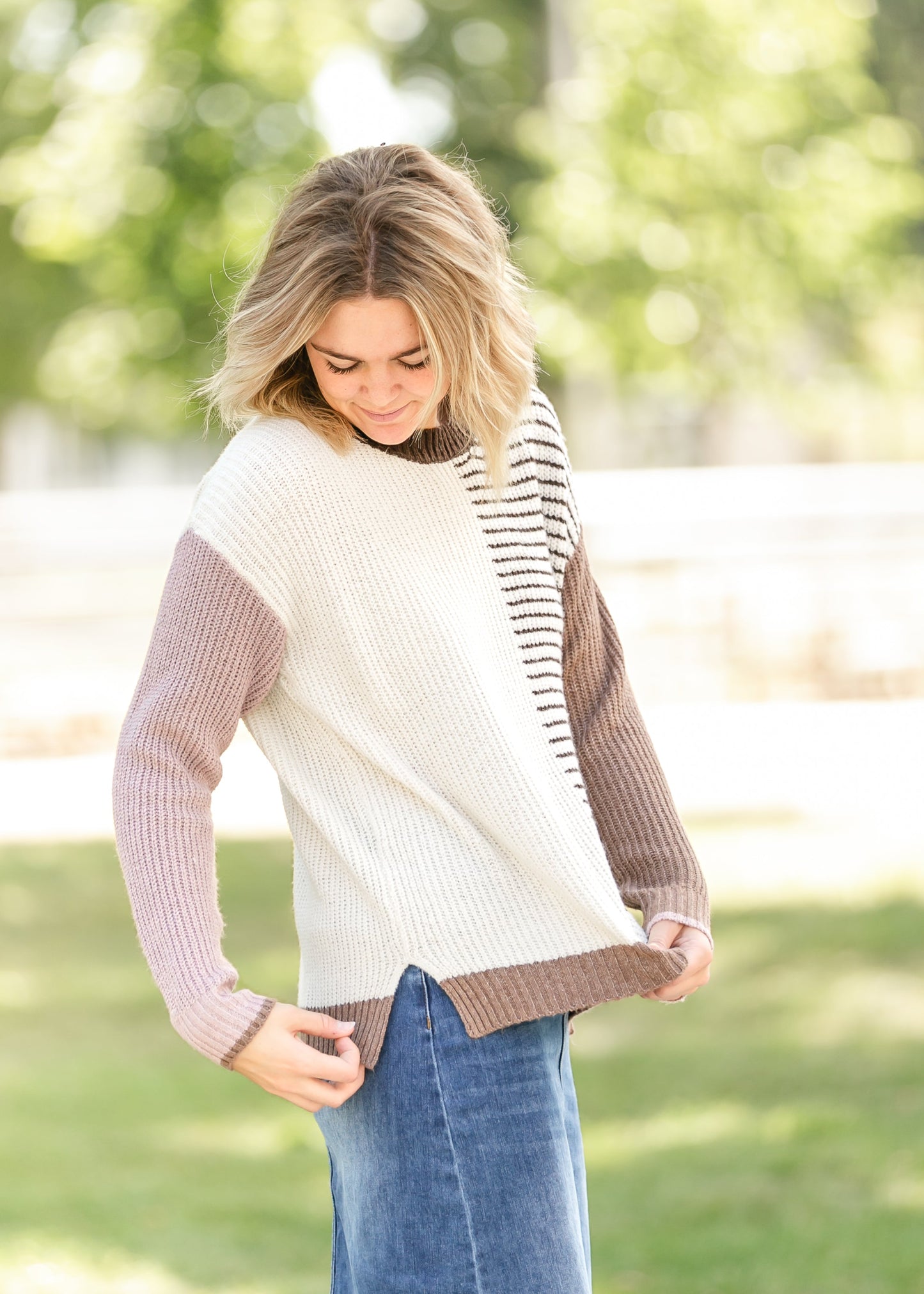 Color Block Striped Crewneck Sweater FF Tops