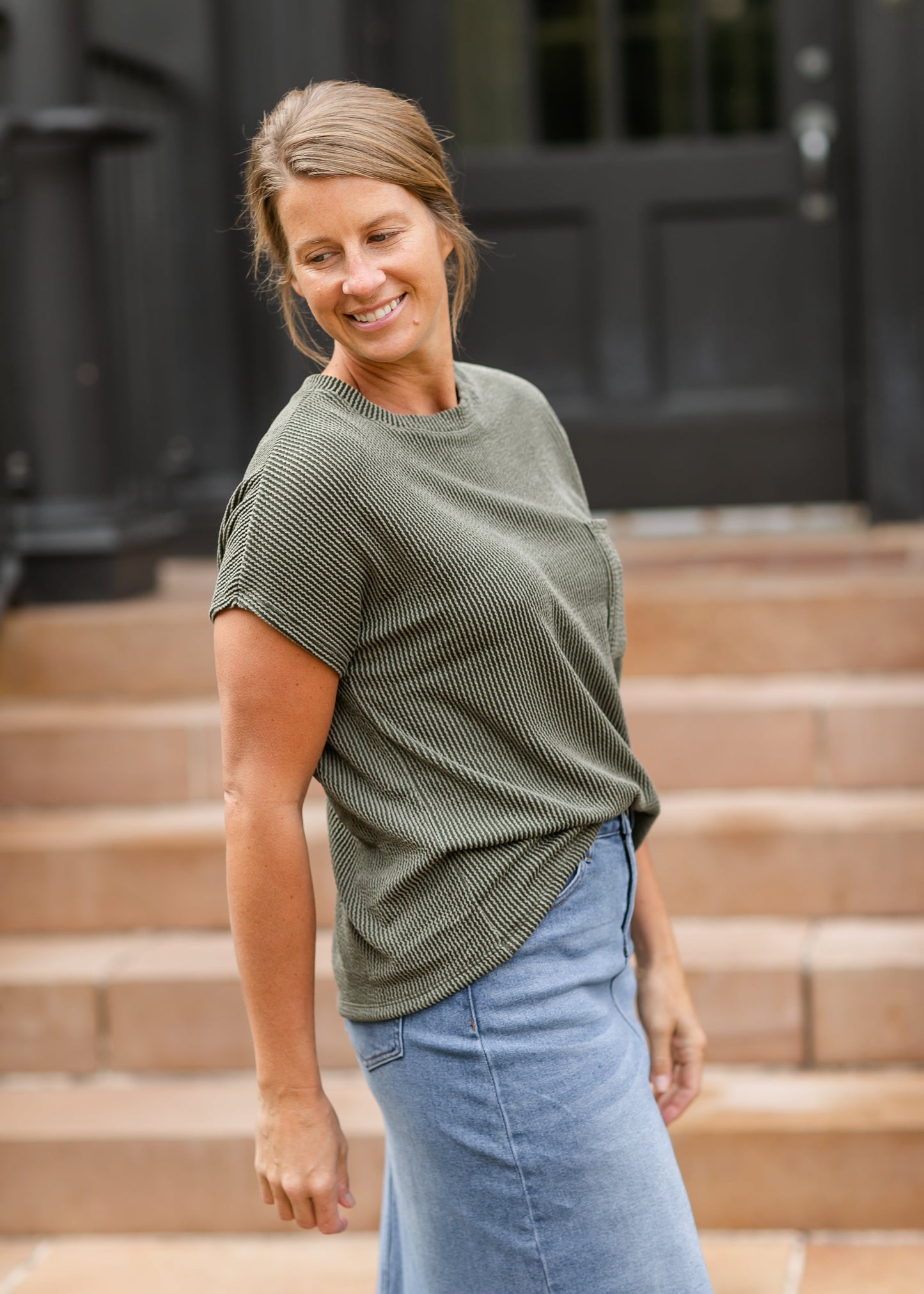 Cori Ribbed Short Sleeve Front Pocket Top FF Tops