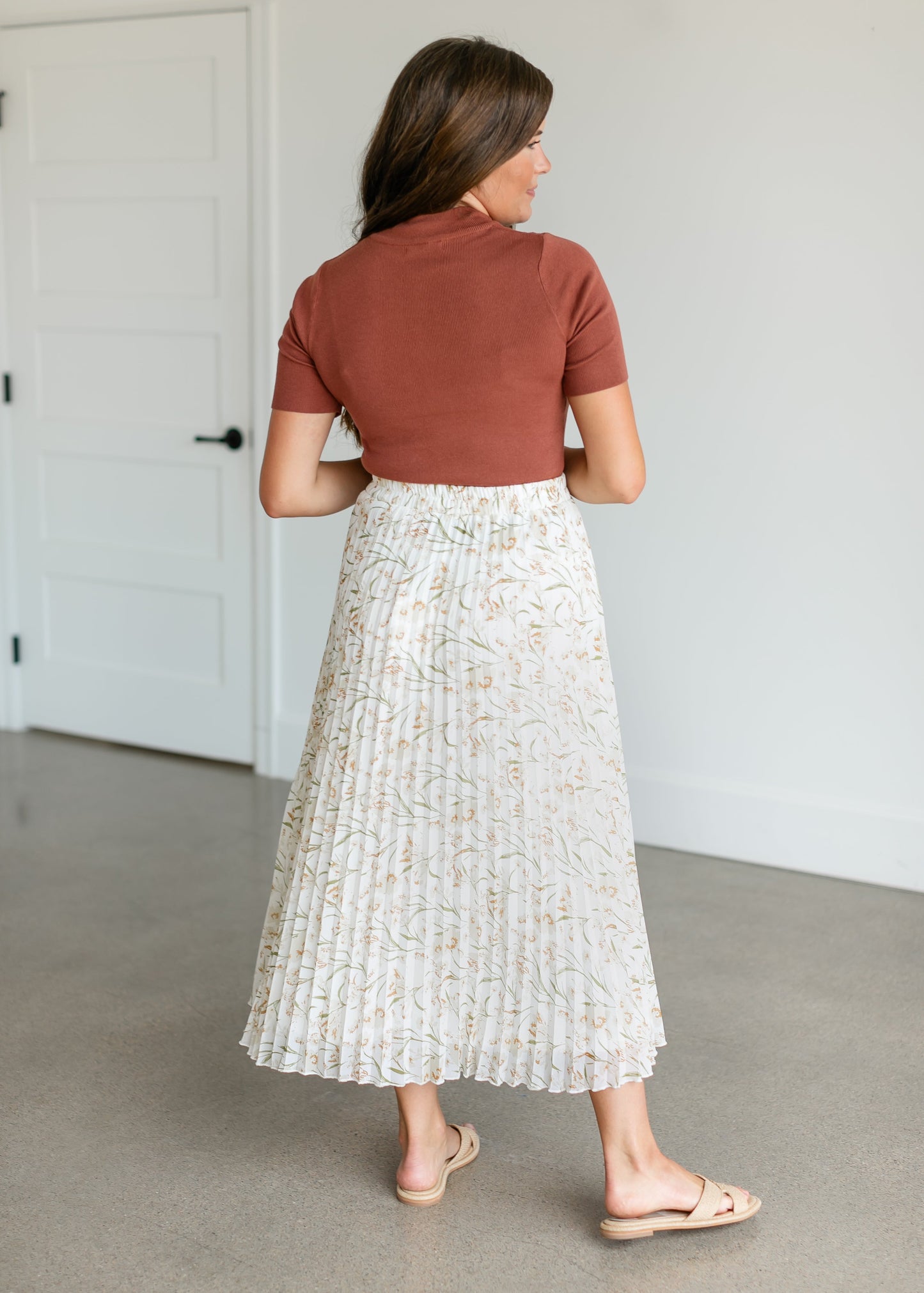 Cream Floral Pleated Maxi Skirt