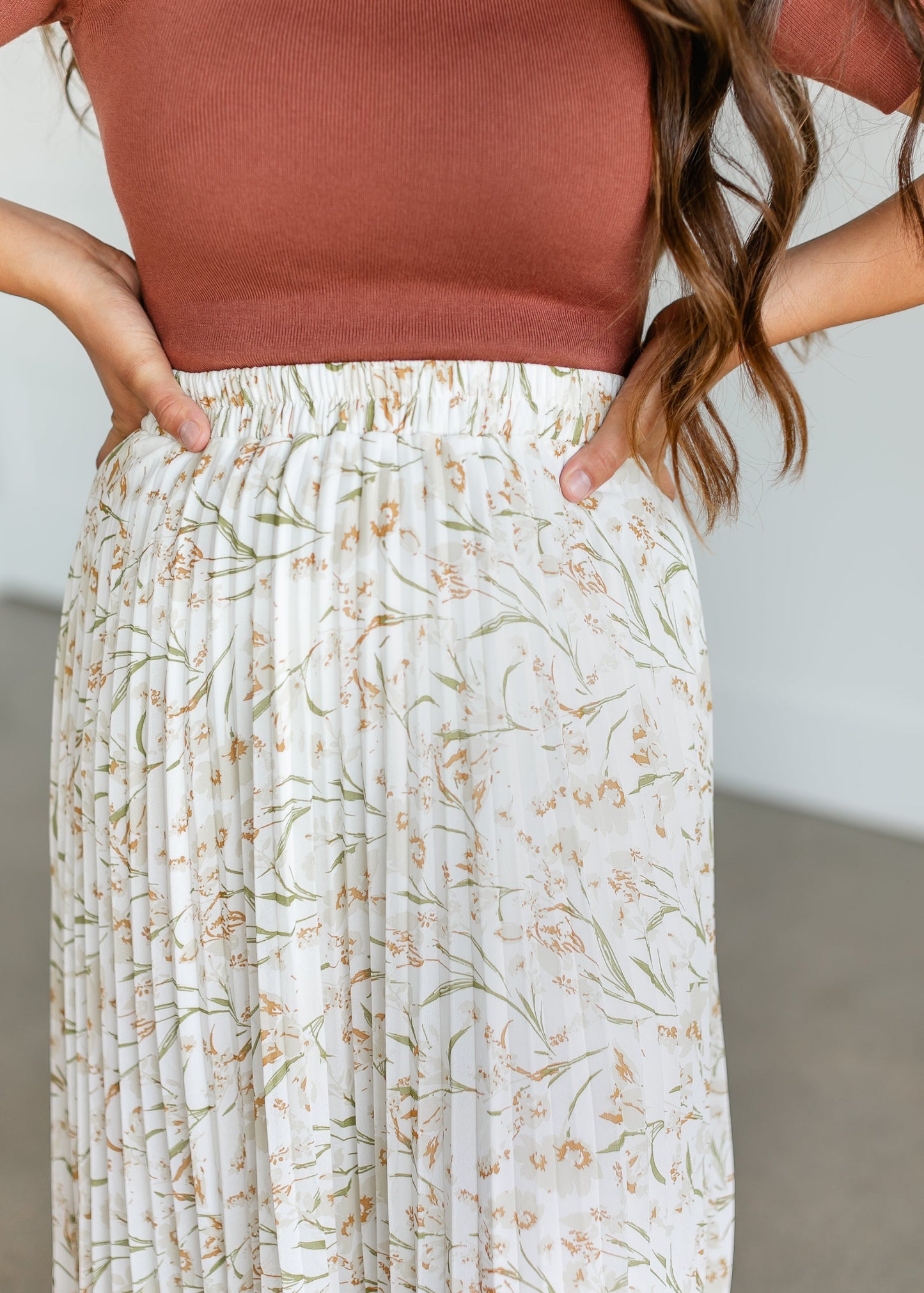 Cream Floral Pleated Maxi Skirt FF Skirts