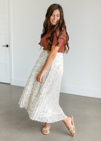 Cream Floral Pleated Maxi Skirt