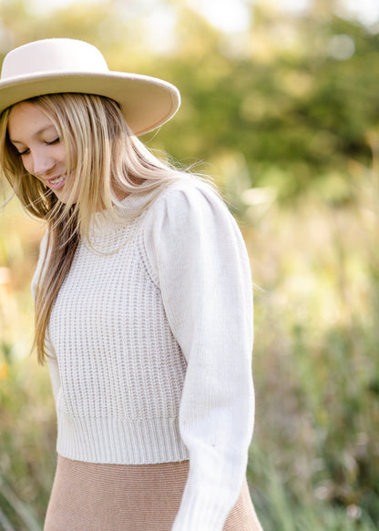 Cream Pleated Shoulder Ribbed Long Sleeve Sweater - FINAL SALE FF Tops