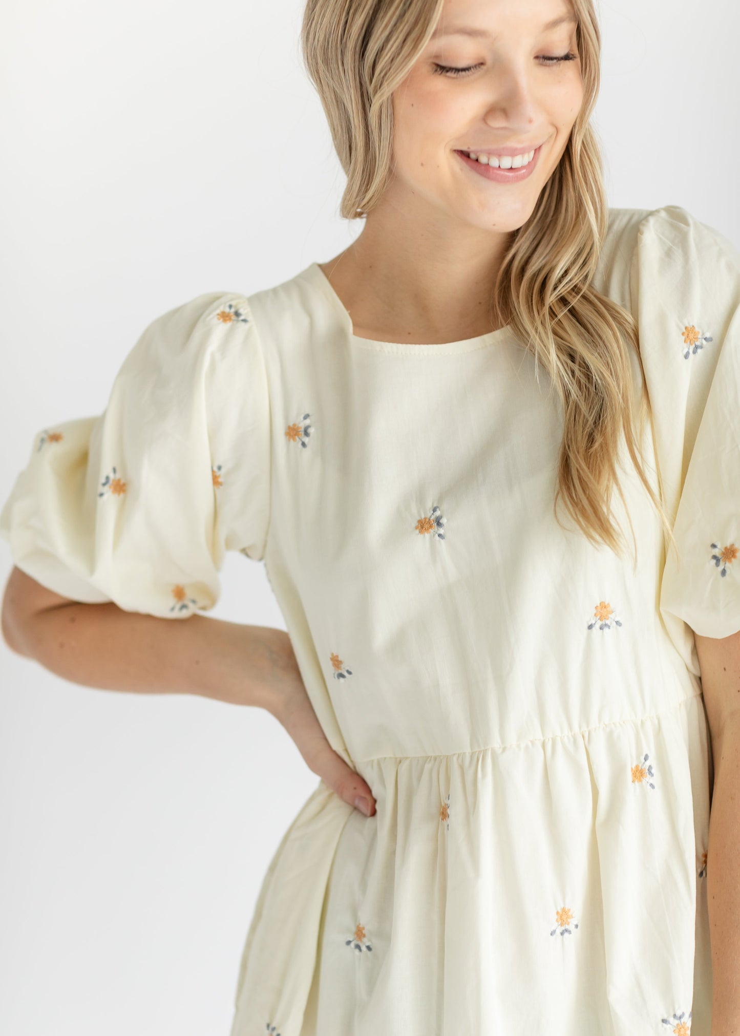 Cream Puff Sleeve Embroidered Midi Dress FF Dresses