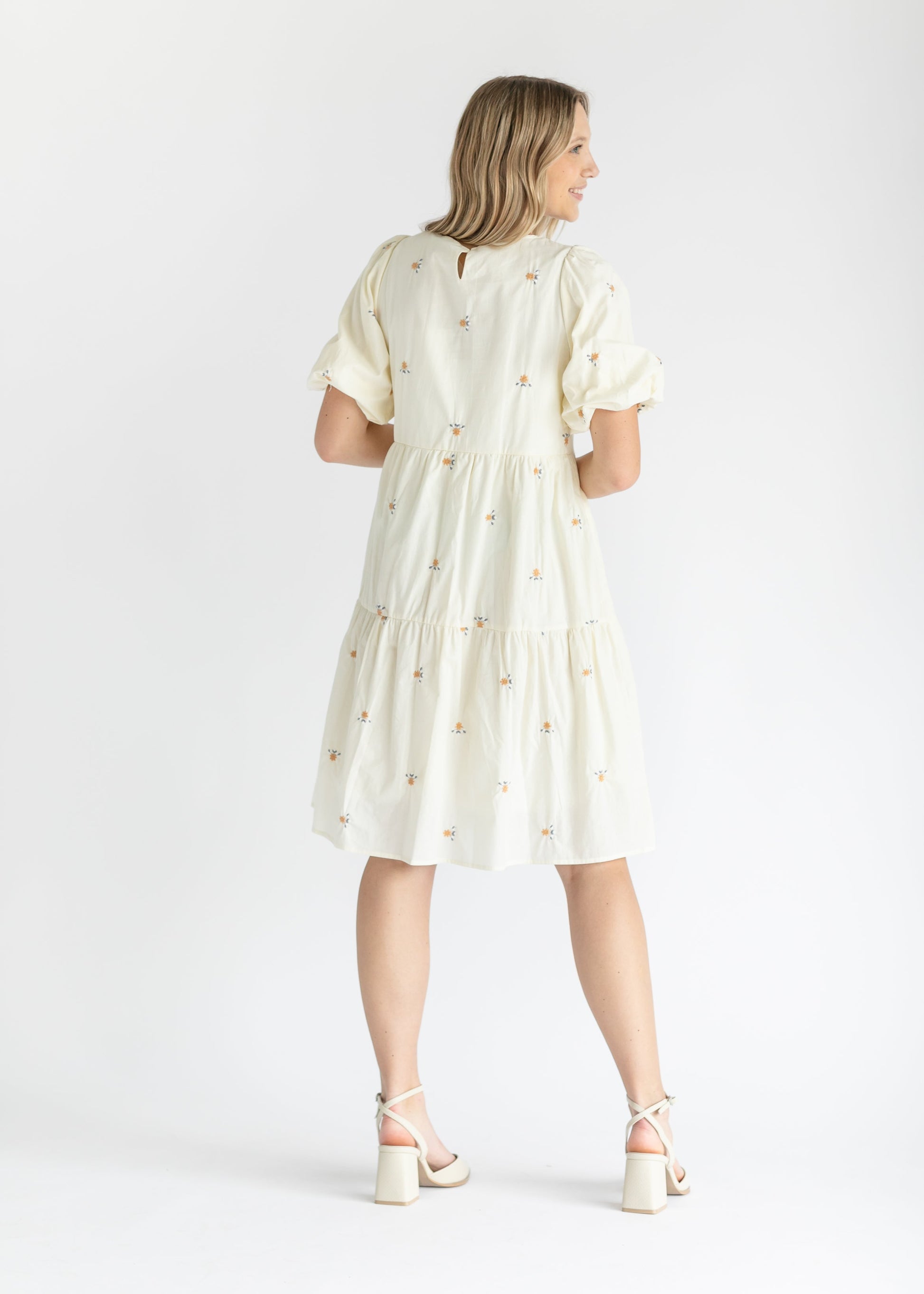 Cream Puff Sleeve Embroidered Midi Dress FF Dresses