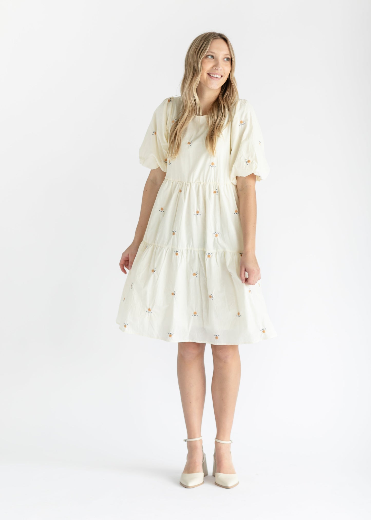 Cream Puff Sleeve Embroidered Midi Dress FF Dresses