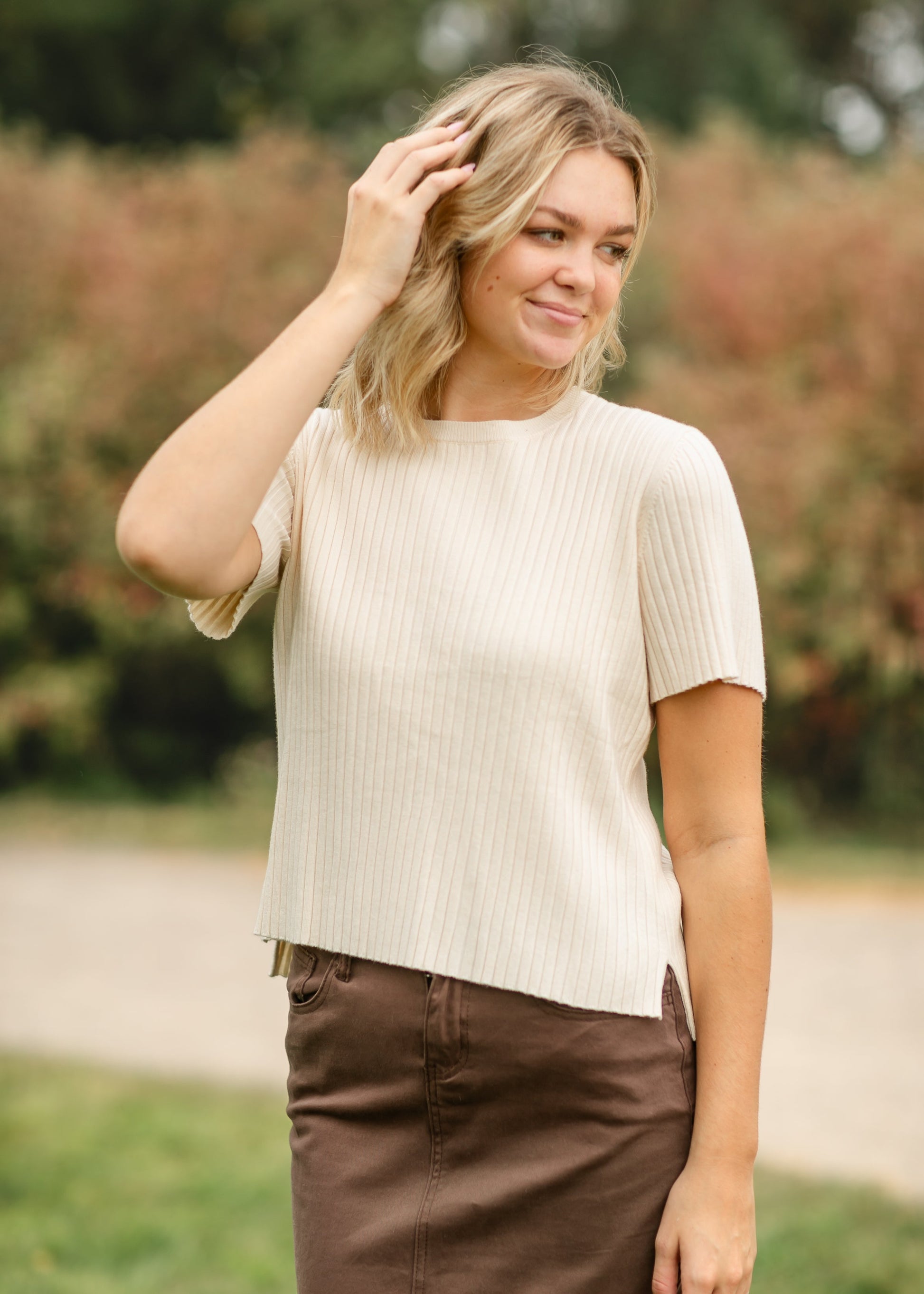 Cream Ribbed Short Sleeve Sweater FF Tops