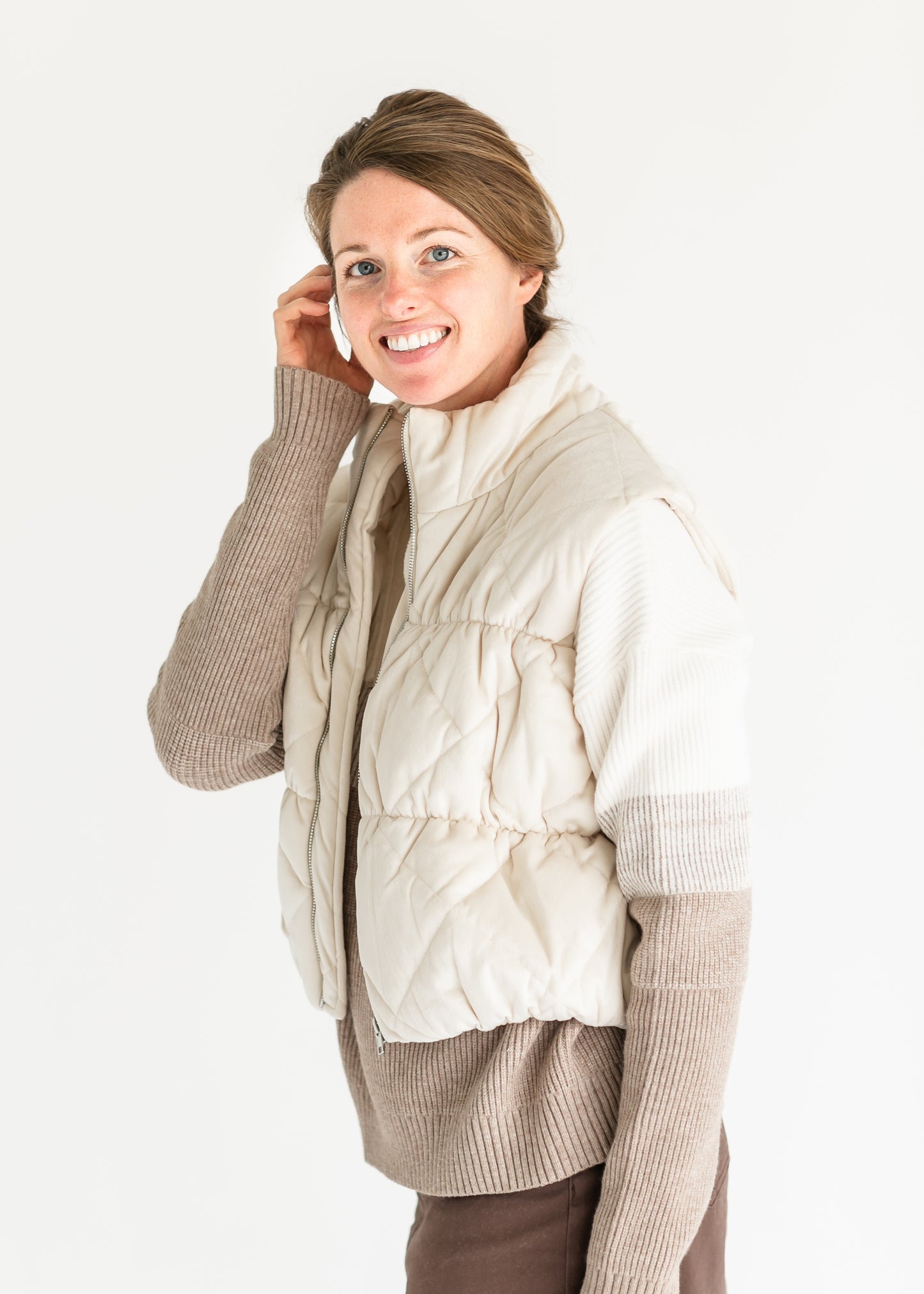 Cream Velour Quilted Vest FF Tops