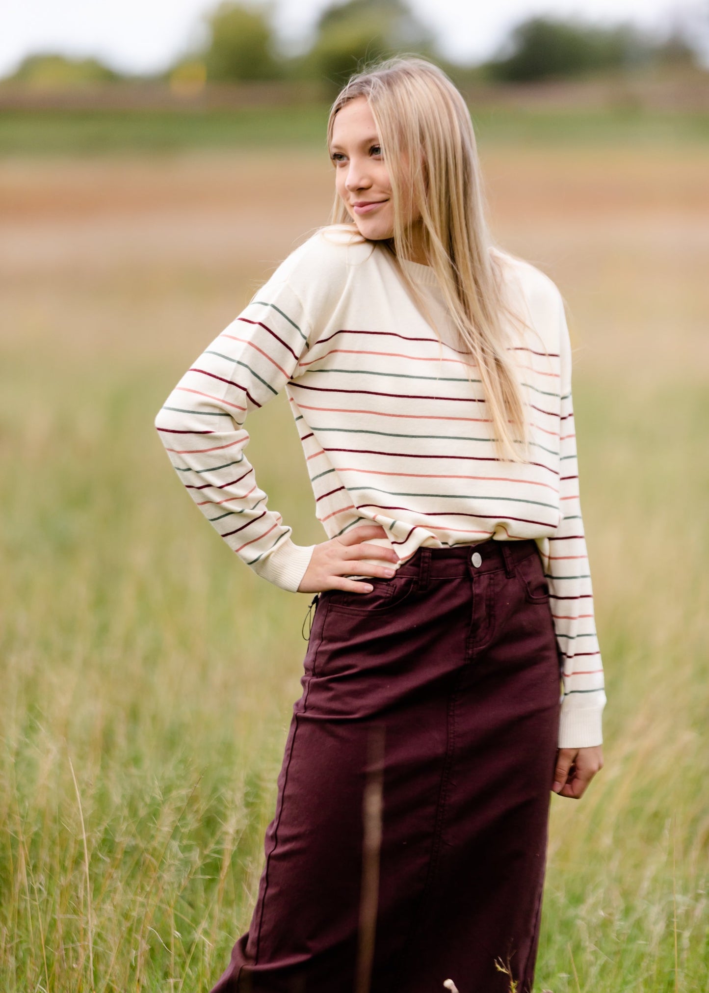 Crew Neck Striped Long Sleeve Sweater FF Tops