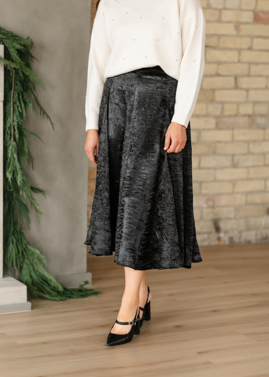 Crinkle Satin Black A-line Skirt FF Skirts