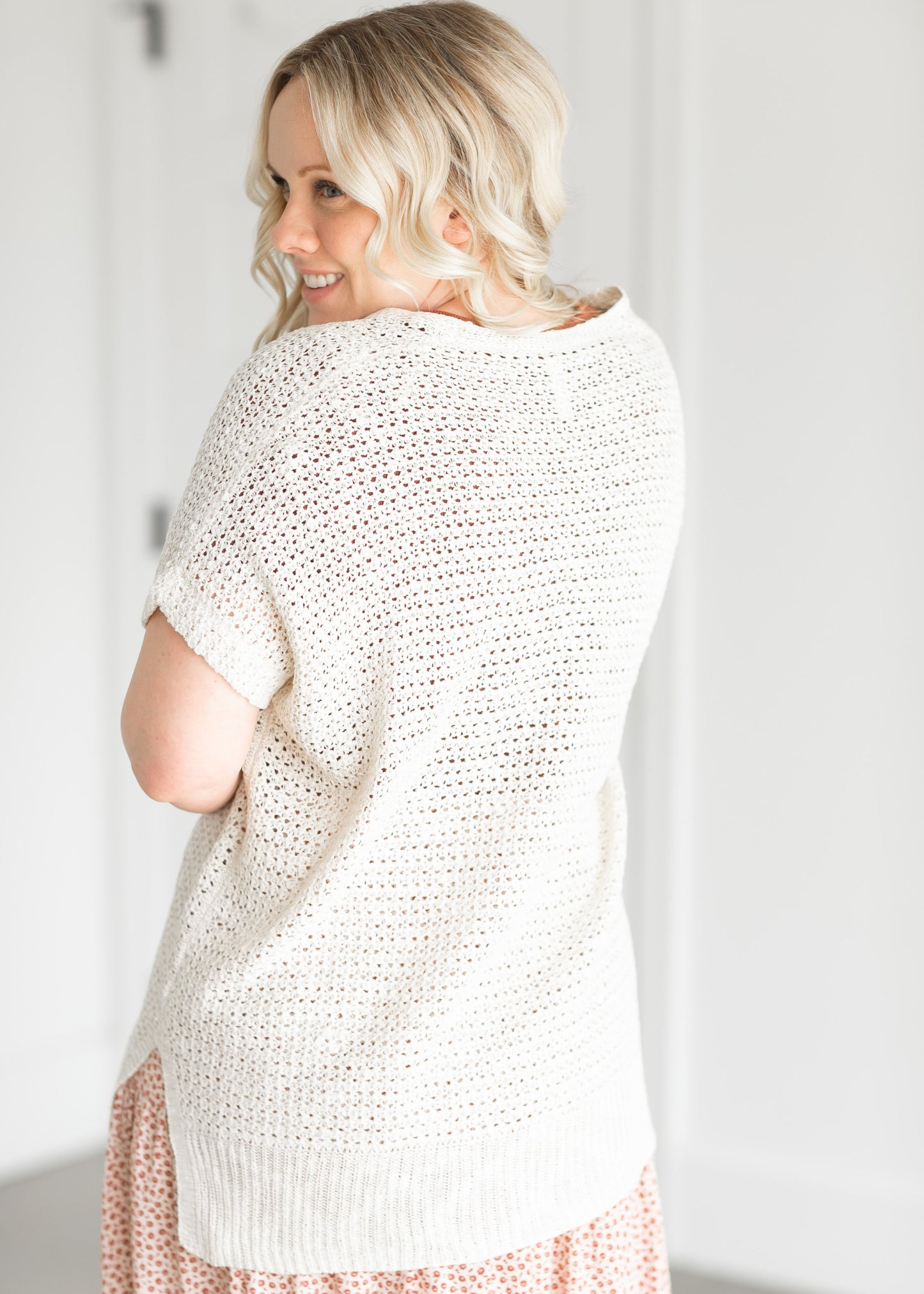 Crocheted Open Front Knit Cardigan Tops