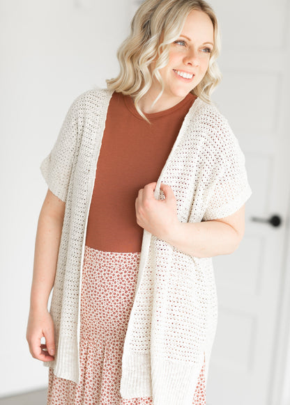 Crocheted Open Front Knit Cardigan Tops Cream / S/M