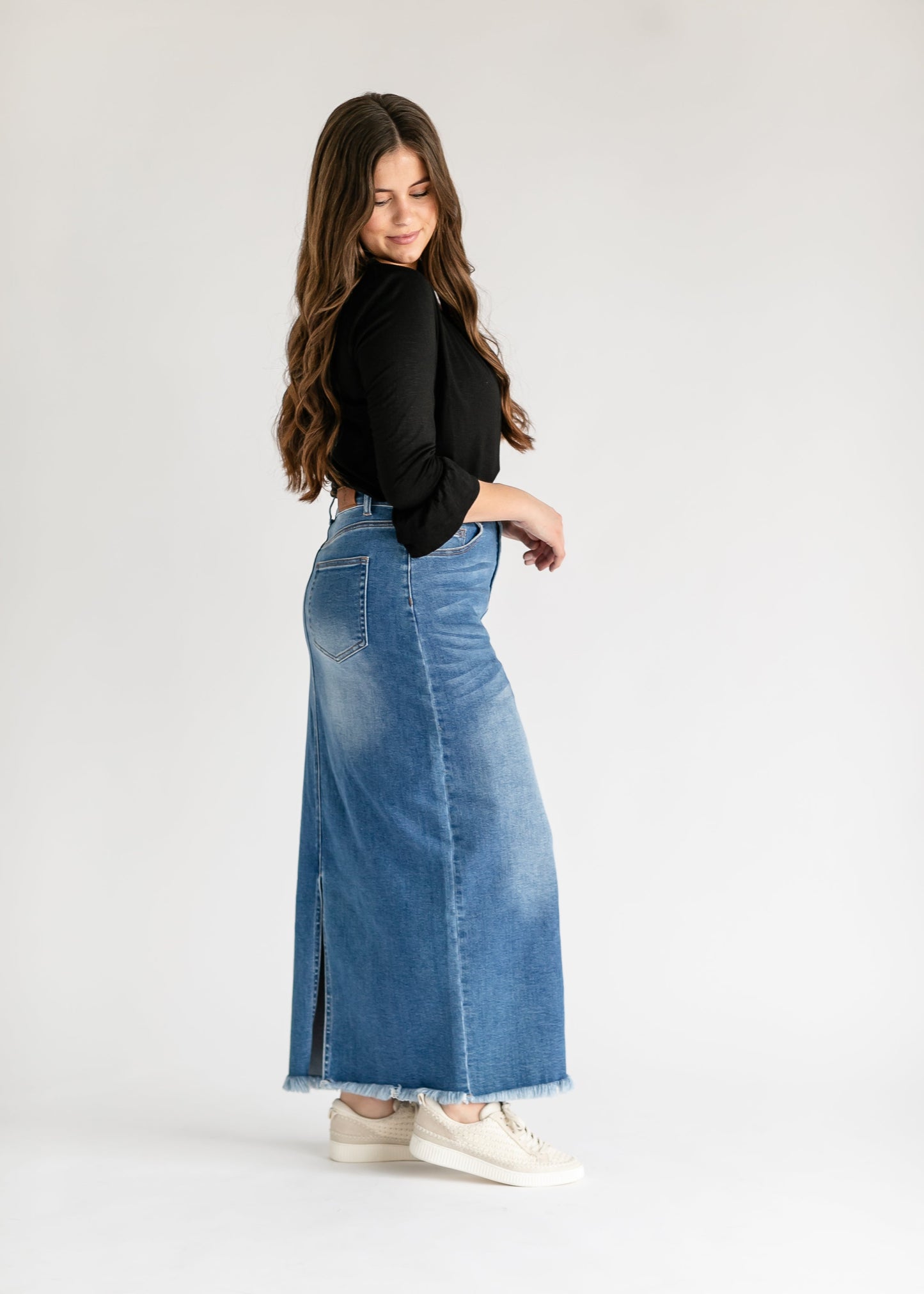 Dakotah Raw Hem Long Denim Skirt IC Skirts