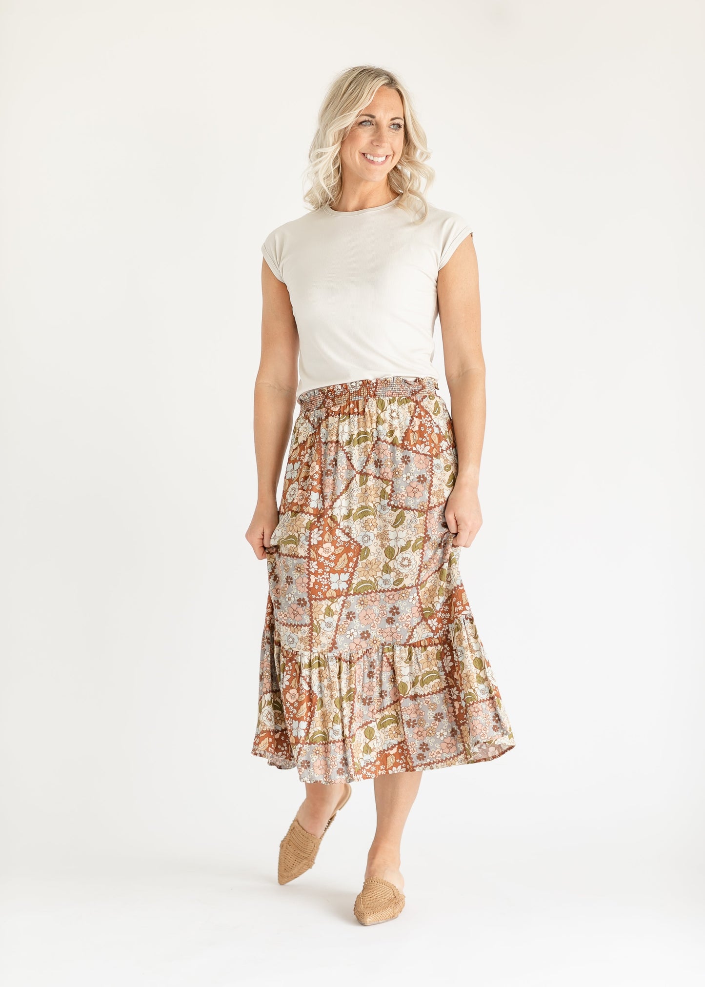 Daphne Patchwork Floral Ruffle Maxi Skirt FF Skirts