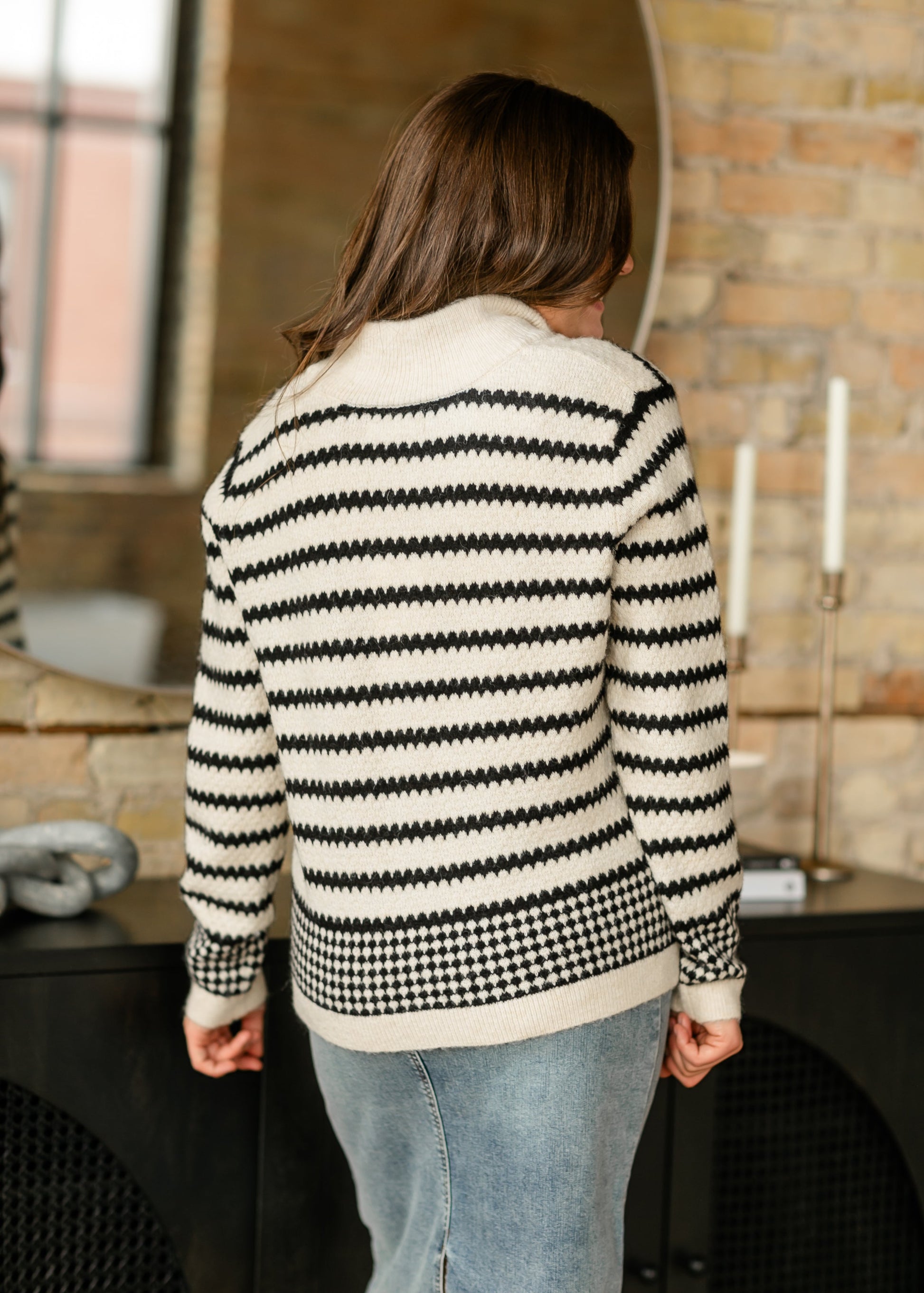 Delina Geo Stripe Quarter Zip Sweater FF Tops