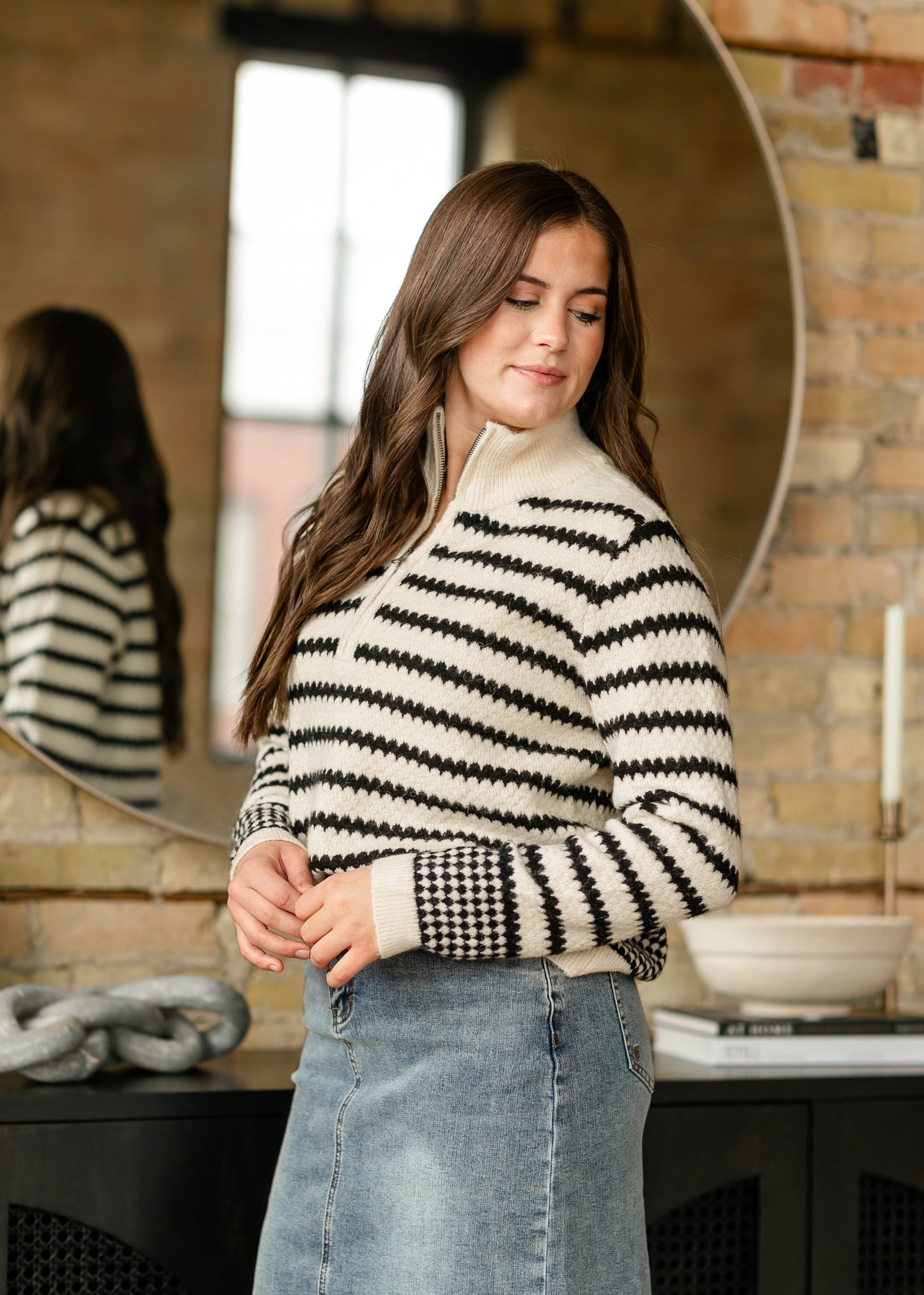 Delina Geo Stripe Quarter Zip Sweater FF Tops