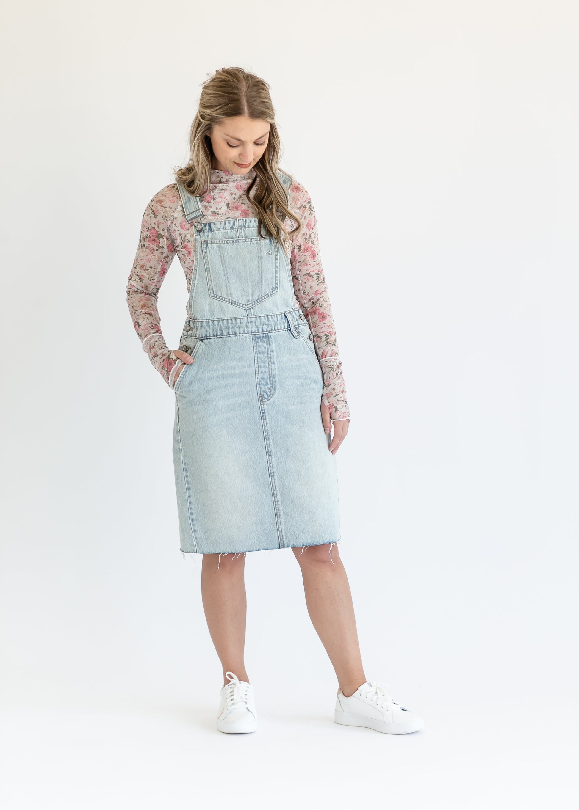 Denim Overall Jumper Raw Hem Midi Dress FF Dresses