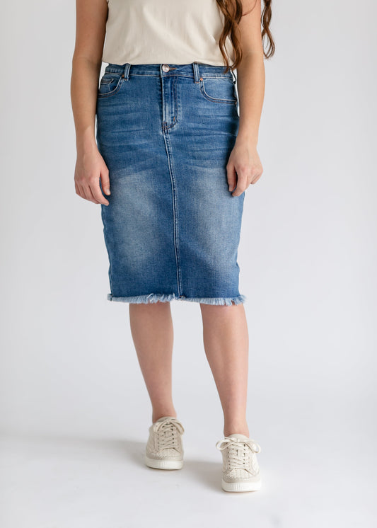 Drew Raw Hem Midi Denim Skirt IC Skirts