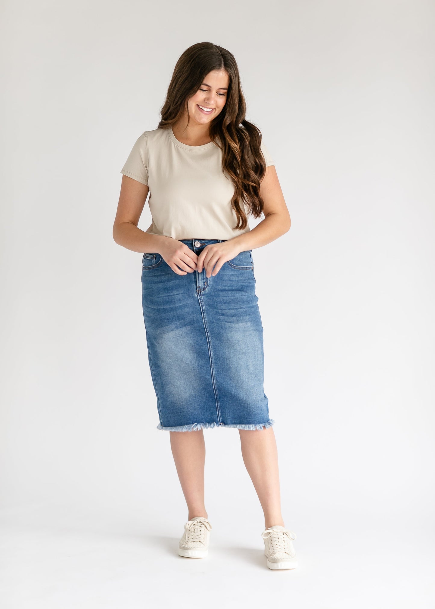 Drew Raw Hem Midi Denim Skirt IC Skirts