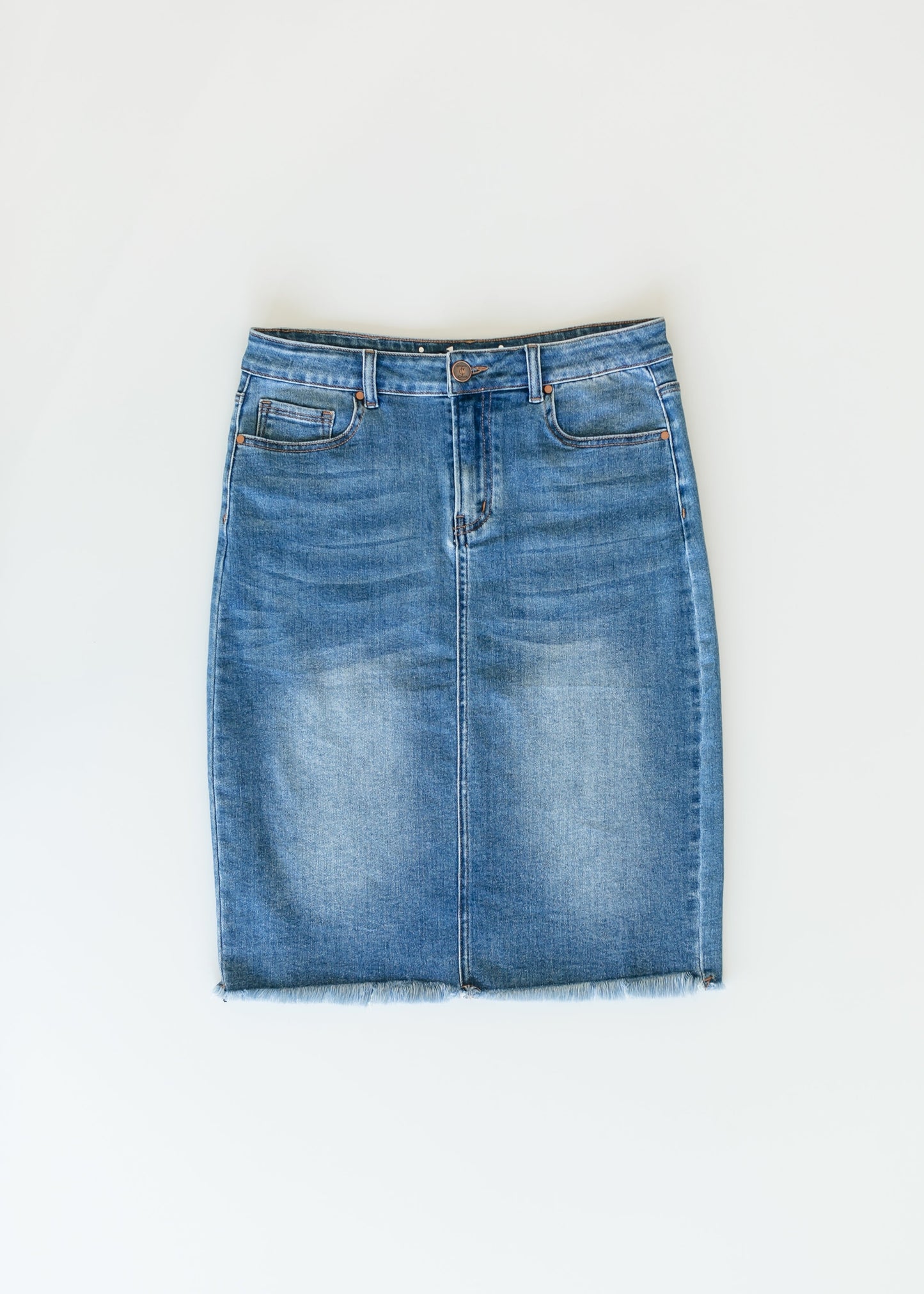 Drew Raw Hem Midi Denim Skirt IC Skirts